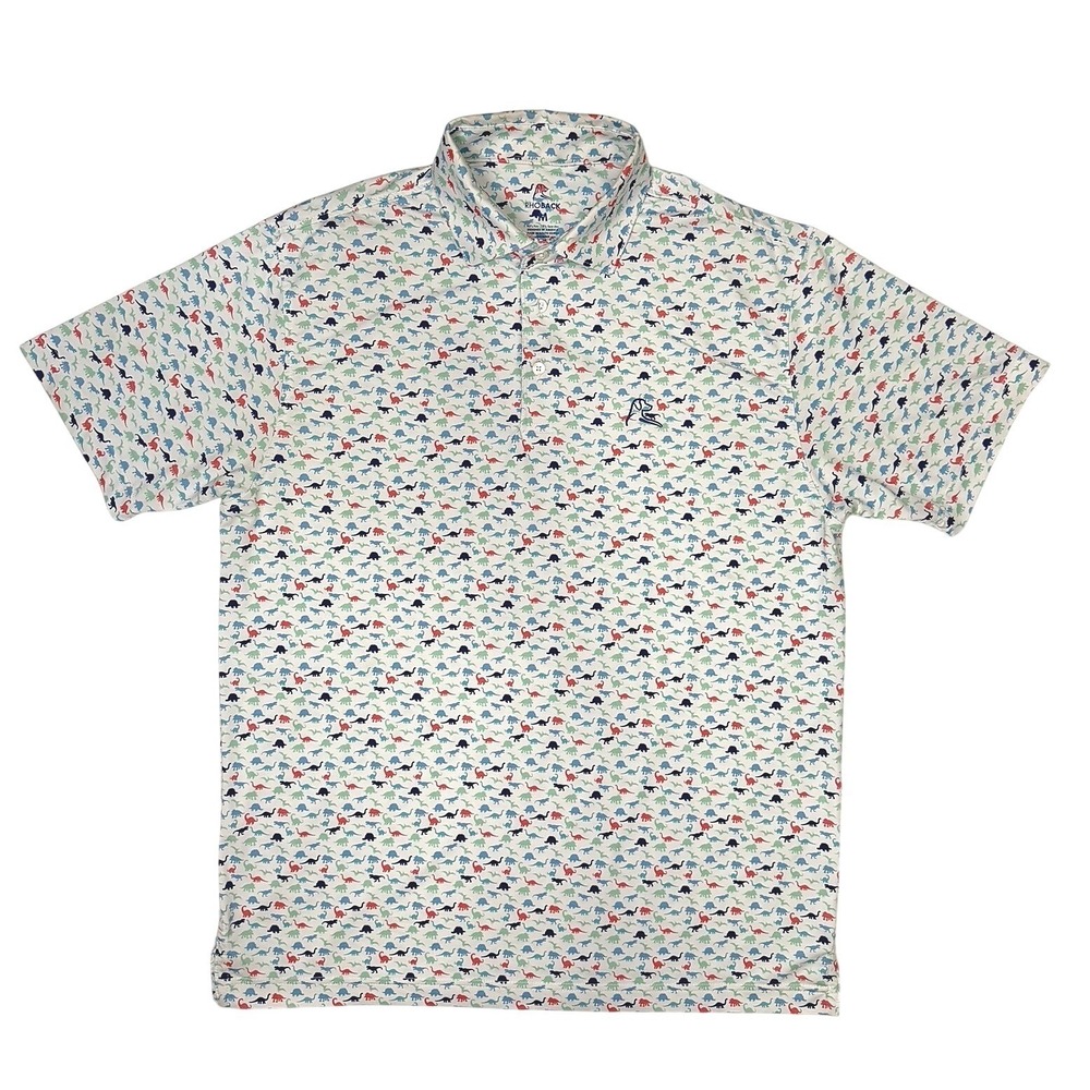 Rhoback Mens Dinosaur Print Performance Polo Shirt White Multicolored Size M